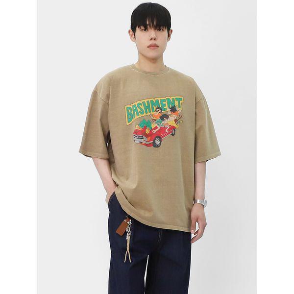 男性オーバーフィットプリント半袖Tシャツ 夏 ピグメントTシャツ SCON017_P394274356