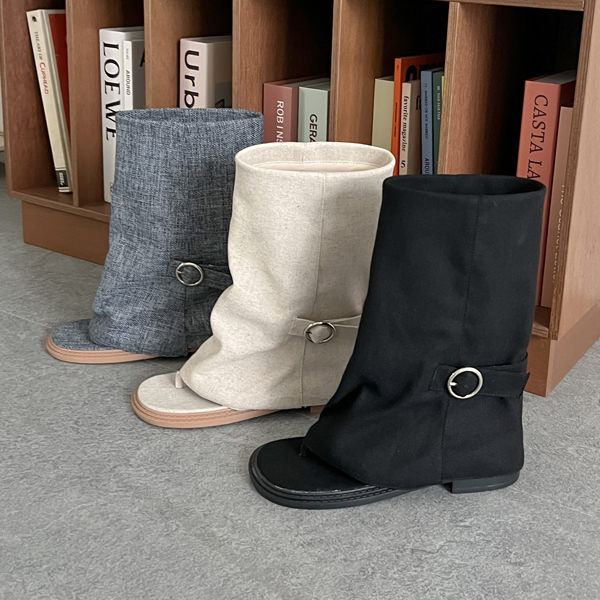 サマーブーツ ブーツサンダル レイヤードブーツ ミドル リネン フラット レディース ぺたんこ 黒 青 ブラック アイボリー ブルー 歩きやすい 靴 婦人靴 韓国