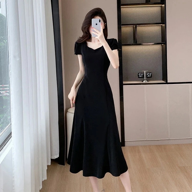 工ガ割-マーメイドワンピース パフスリーブ ダイヤモンドネック 無地 パーティードレス 半袖 ブラックドレス 黒 ロングワンピース ロング丈 きれいめ おしゃれ セクシー 上品 結婚式 二次会 お呼ば