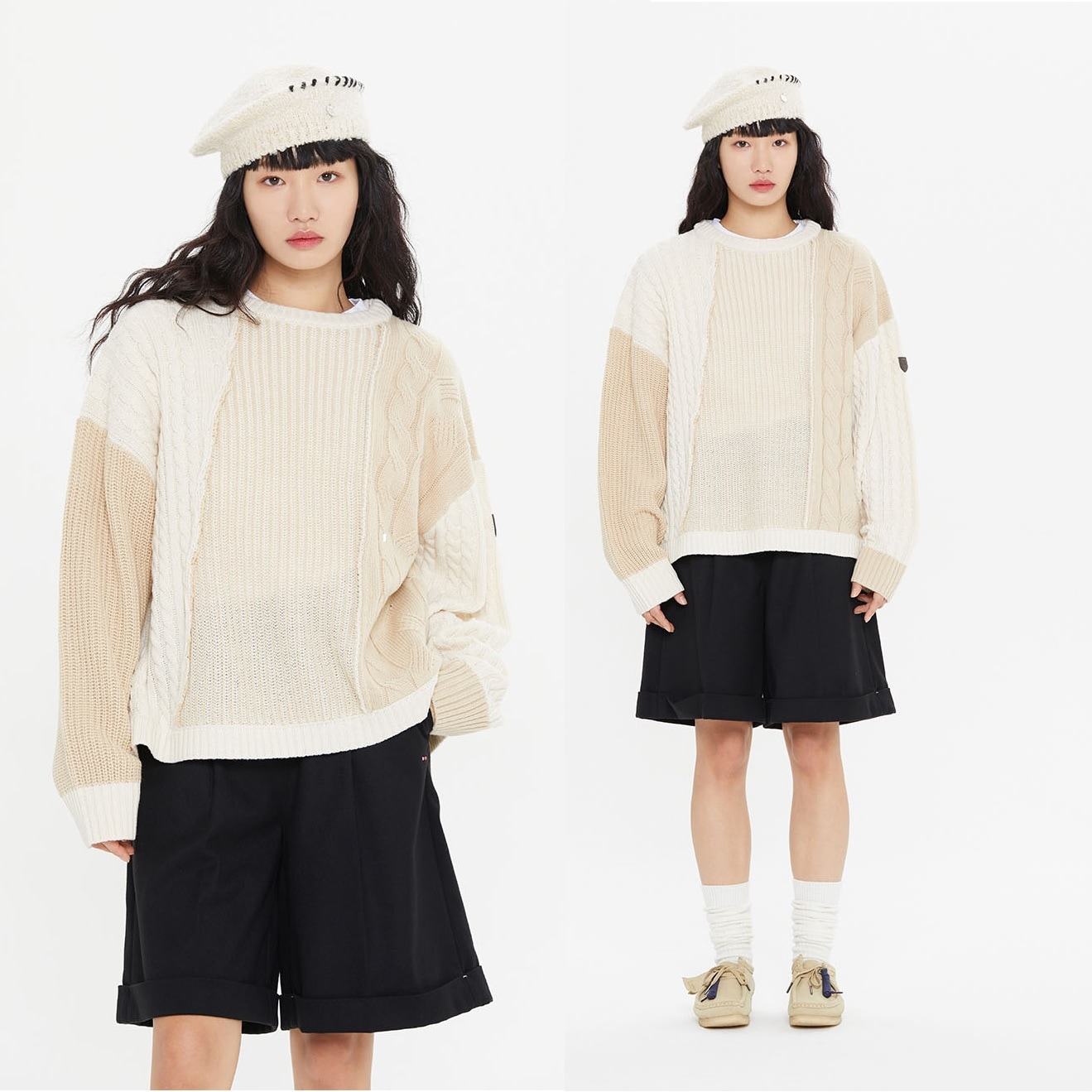 トーンオントーン ミックスニット ベージュ おしゃれ 韓国ファッション 秋冬コーデ