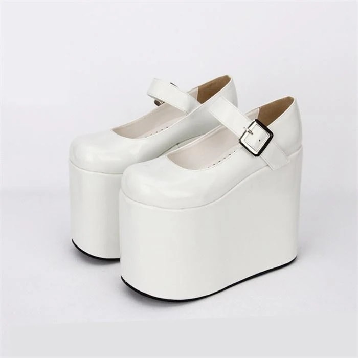 ウェッジソール メイド靴 白 シンプル PU シューズ ヒール15cm 超厚底 厚底シューズ ストラップ ガーリー パンク コスプレ 女の子 イベント 仮装