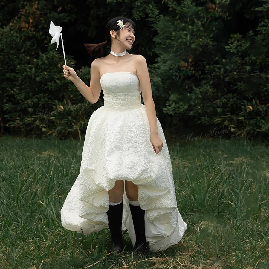 ウェディングドレス ミニ ショート丈 ミニドレス バルーン 二次会 結婚式 前撮り 発表会 花嫁 ウエディングドレス フィッシュテールドレス