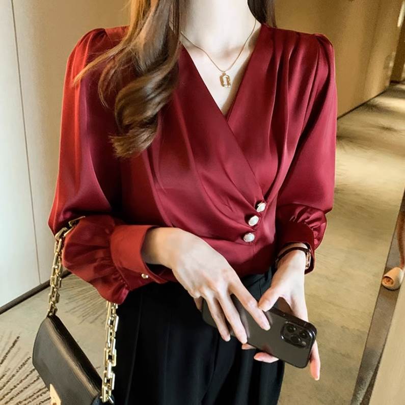 トップス ブラウス プリーツ プルオーバー 長袖 Vネック ボタン きれいめ 大人 上品 おしゃれ レトロ クール セクシー エレガント シック フォーマル 無地 春 秋 20代 30代 40