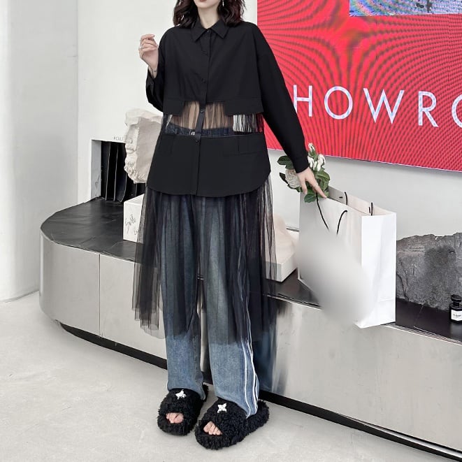 モード系　ブラック シースルー メッシュ ステッチ Aライン ミディ シャツ ドレス 個性的なデザイン ステージ衣装 演出衣装 イベント こせい 個性 特徴あり 新作 TV 主演 ステージ衣装 舞台