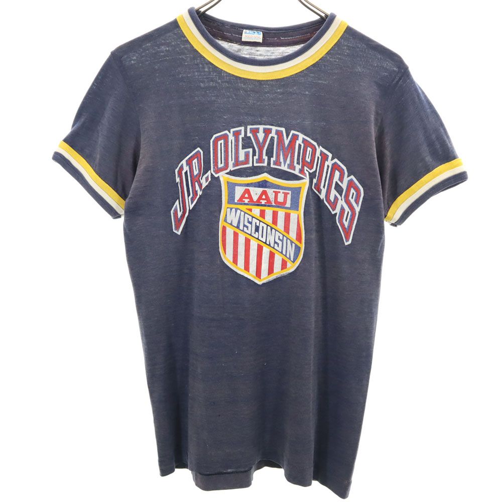 70s USA製 ヴィンテージ バータグ 半袖 トリム Tシャツ M ネイビー系 レディース