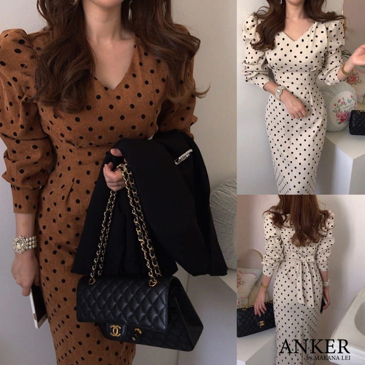 【新作】レディース ワンピース 長袖ドット柄 レトロワンピース 韓国ファッション 水玉 ワンピ フレンチ プリント リボン付き 普段着 上品 オフコーデ 春 長袖 ワンピース 春 コーデュロイ ホワイ