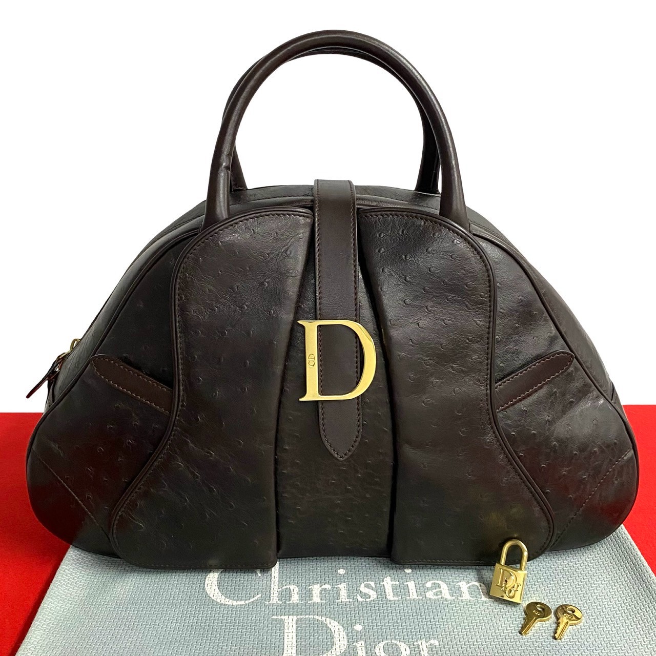 ヴィンテージ CD ロゴ 金具ハンドバッグ オーストリッチ ブラウン 22903