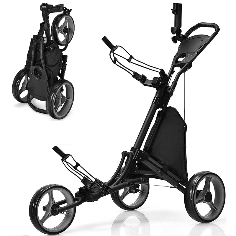 【国内即発】GYMAX ゴルフカート 手引き ゴルフ用カート ゴルフキャリー 3輪 折りたたみ 収納 コンパクト 傘差しホルダー付き フットブレーキ付き 手引きカート ゴルフ バッグ キャリーカート