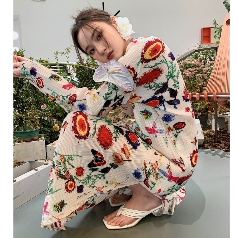 【セットアップ】花柄 プリーツ 長袖トップス＋プリーツスカート ツーピース スーツ 上下セット レディース オフィスコーデ ママコーデ デートコーデ オシャレ a4609