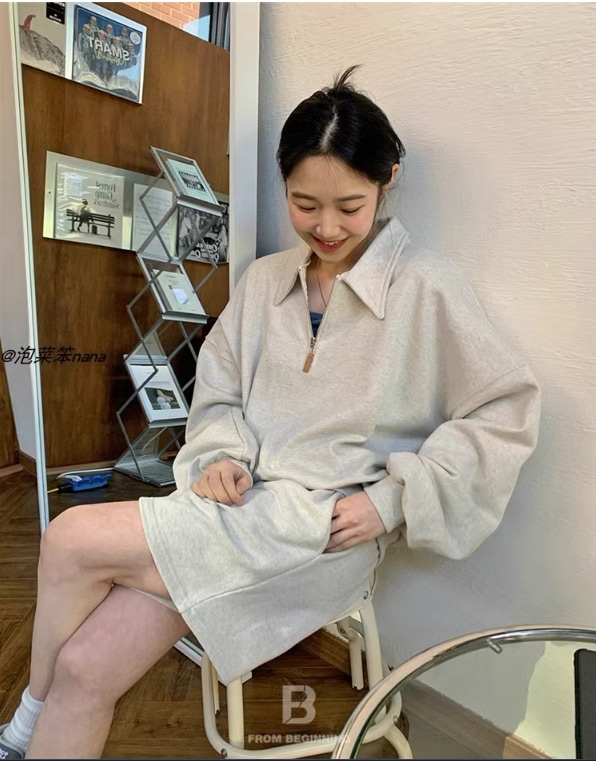 スウェットシャツ ハーフジップ 韓国 秋冬 カジュアル レディース トップス かわいい 大人可愛い きれいめ シンプル カジュアル こなれ感 ラフ メンズライク 主役級 都会的 ナチュラル 春 秋 冬