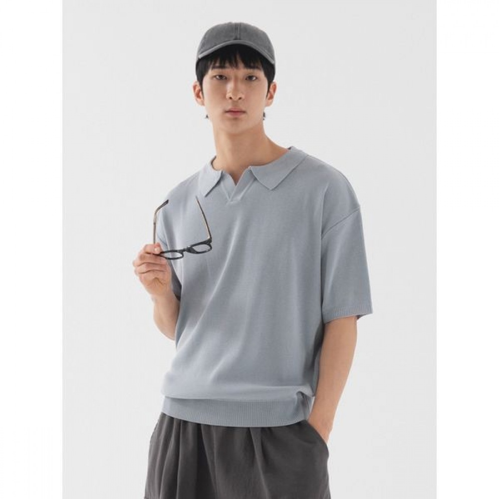 [Pianer] クラシックオープンカラー半袖ニット（ブルーグレー）