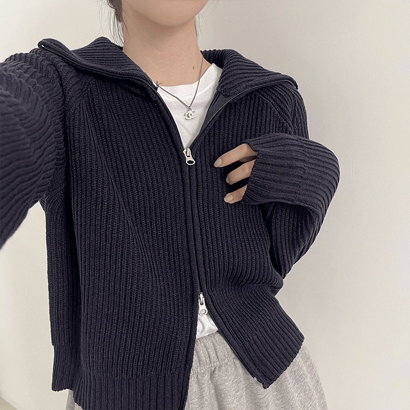 韓国の女性ファッション / リブツーウェイニットジップアップ jp1067