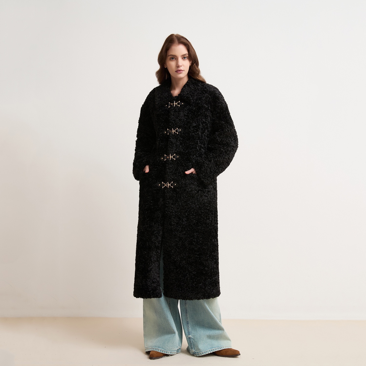 ブラックカーリーテディベアメタルバックルロングとショートファー一体型環境に優しいラムファーコートレディース秋冬コート