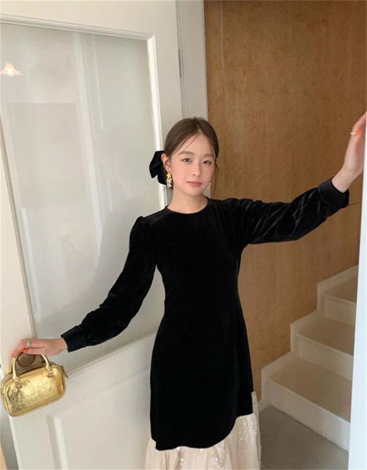 2025春 ラウンドネック スリム ロングワンピース 縫付 ベルベット 早い者勝ち ハイウエスト 長袖 ジェントルスタイル ワンピース ロングスカートワンピースドレスその他 ワンピースドレス 4,807円