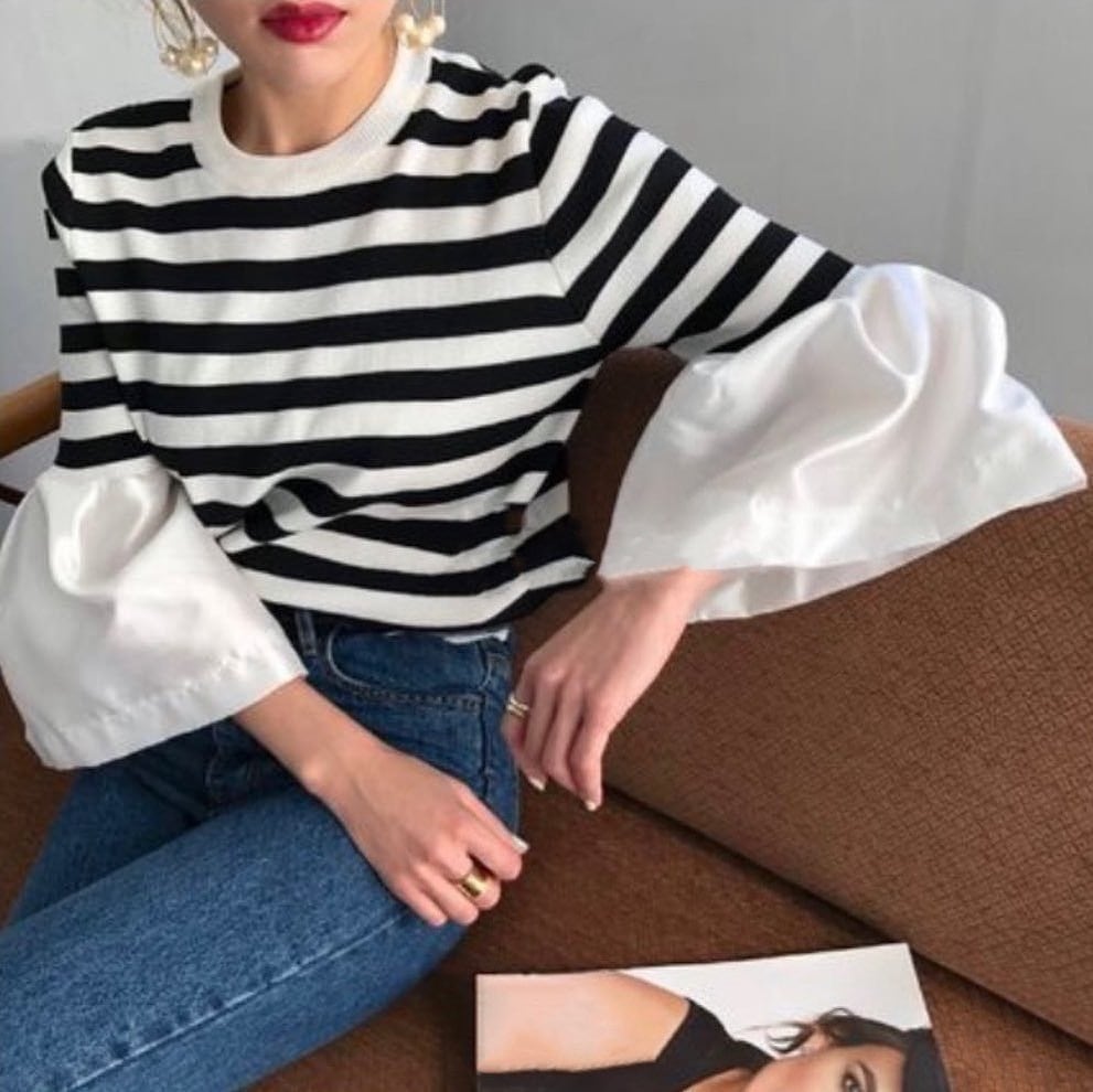 Tシャツ ニットTシャツ 異素材ミックス ラウンドネック ボーダー柄 プルオーバー 長袖 ベルスリーブ ルーズ 韓国 レディース かわいい 可愛い キュート 大人可愛い 大人女子 きれいめ
