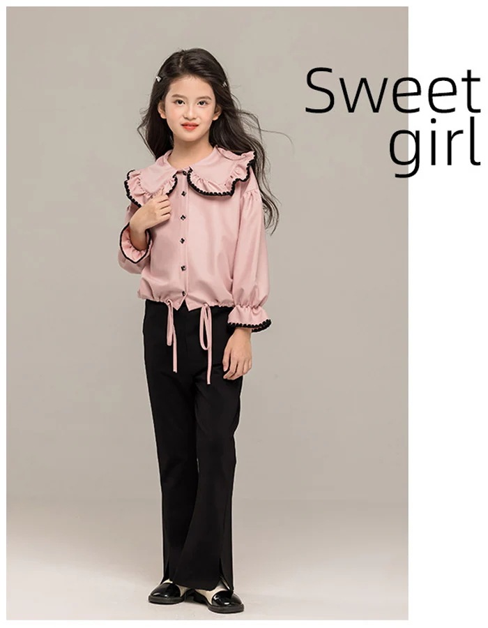 子供服 女の子 セットアップ キッズ おしゃれ 上下セット パンツセット 入学式 卒業式 受験用 発表会 七五三 ガールズ 長袖 ピンク シャツブラウス+黒フレアパンツ 2点セット カワイイ 通学着
