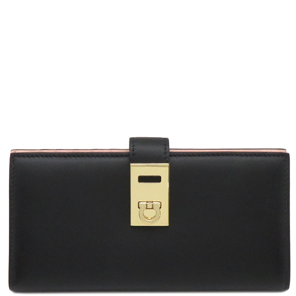 サルヴァトーレ・フェラガモ Salvatore Ferragamo 長財布 ガンチーニ カーフ ブラック×ニールンドピンク ゴールド金具 新品 未使用 黒 ピンク バイカラー 二つ折り 2205220