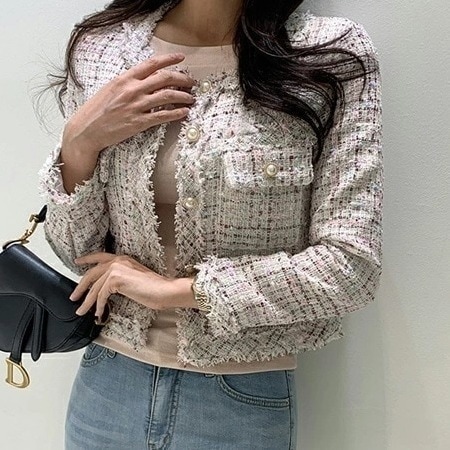 フリンジツイードジャケット・p139560 レディース 【jk】 ジャケット ツイード ツイードジャケット ノーカラー ノーカラージャケット 大人 高級感 パールボタン 入学式 学校行事 卒業式 春