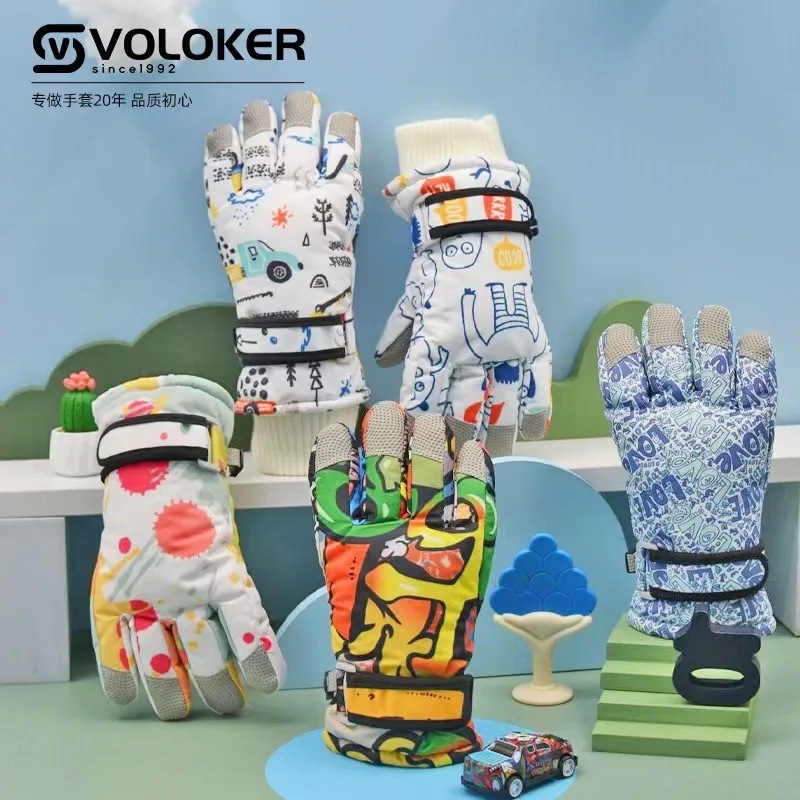 子供用防水スキーグローブスノーカラープリント暖かい厚くかわいいプロ子供男の子女の子冬屋外