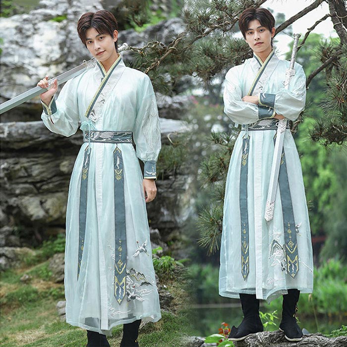 2025新作入荷 メンズ漢服 チャイナ 夏服 カップル中華漢服 長袖 交差襟 ロング丈 スカート 刺繍 ベルト付き 漢元素 中国古代宮廷衣装 華流コスプレ舞台衣装 古典 チャイナ 撮影衣装 イベント