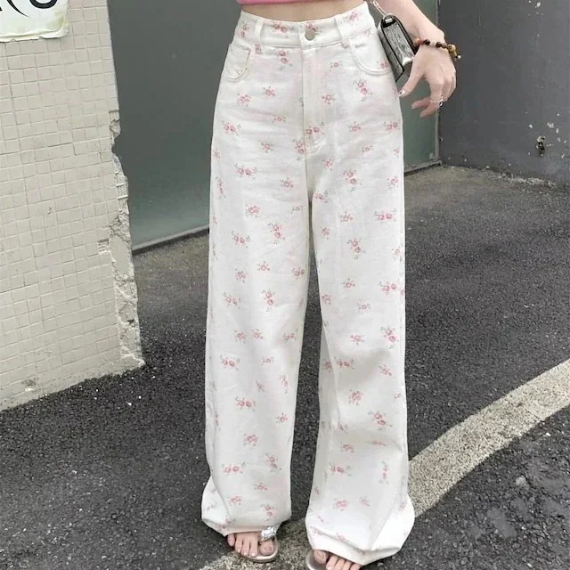 パンツ デニム ジーンズ 花柄 ピンクの花 ワイド ストレート ハイウエスト 脚長効果 美脚効果 細見え 白 ホワイト カジュアル レディース お出かけ化粧ポーチ-大容量