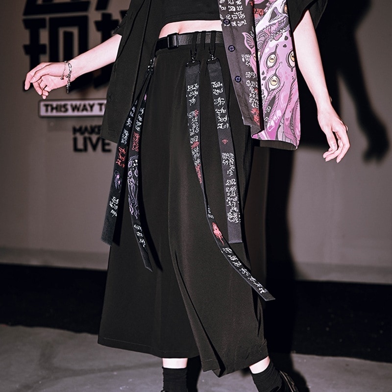 ワイドパンツ レディース 春夏 クロップドパンツ 黒 プリント 飄逸 ベルト付き 怪物CLUB