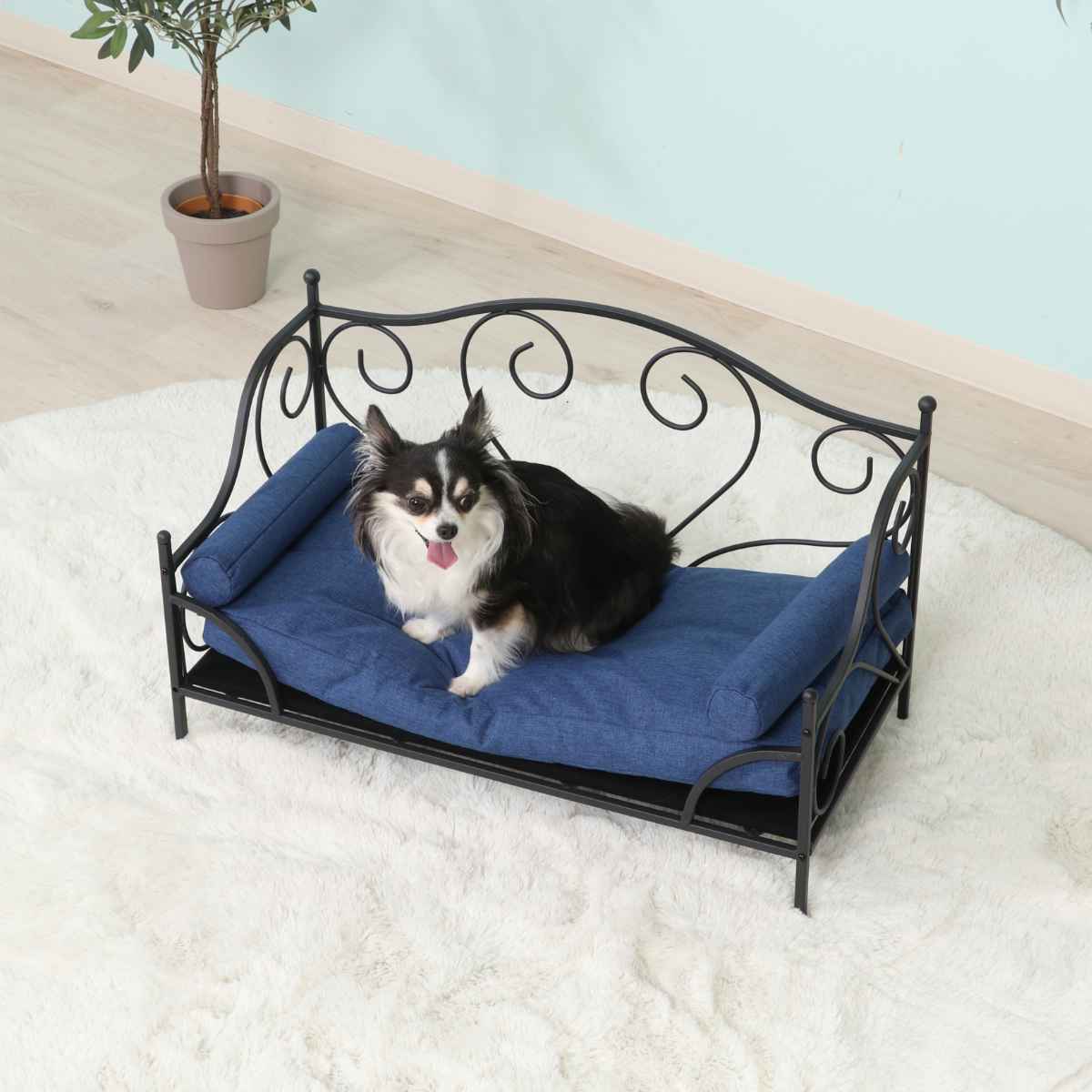 ペットベッド 幅69.5cm スチールフレーム クッション ペットソファ 犬 猫 ペット家具 ペット用 ベッド ソファー アイアンフレーム アンティーク調 ロータイプ 小型犬 中型犬 おしゃれ