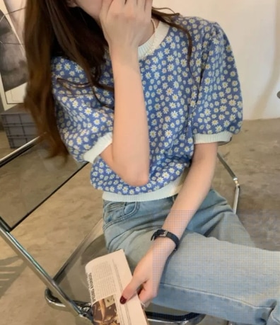 トップス デート モテアイテム ニットソー パフスリーブ 花柄 フラワー柄 コットン 大人可愛い きれいめ 上品 おしゃれ かっこいい 大人可愛い ラブリー キュート ガーリー クール モード系