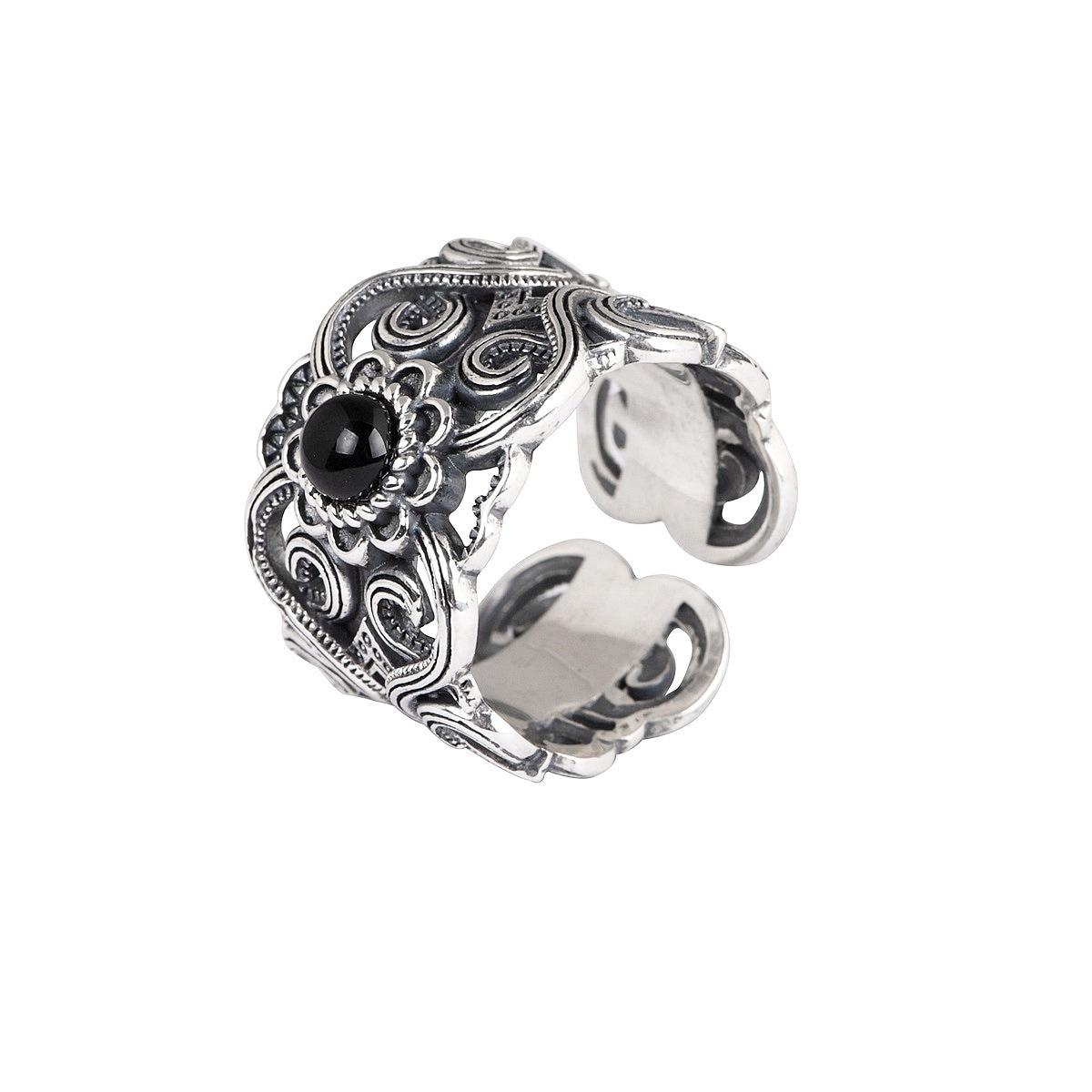 リング メンズ シルバー925 オニキス アラベスク模様 フリーサイズ 魔除け お守り 銀製品 燻し加工 アンティーク感 太め ごつめ カジュアル かっこいい ロック ワイルド 誕生日 記念日