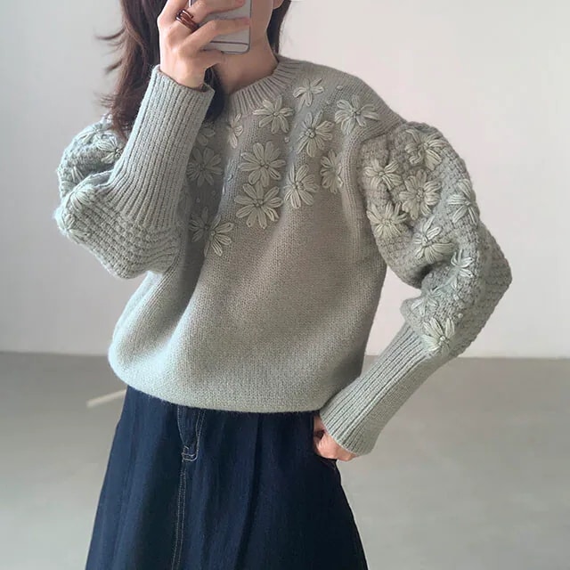 トップス ニットセーター 花柄刺繍 フラワー ワッフルニット プルオーバー ニットソー