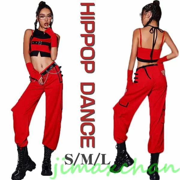 新生活 ダンス衣装 セットアップ レディース 赤 黒 ヒップホップ へそ出し hippop 衣装 大人 ジャズダンス 衣装 レディース ダンス衣装 練習着