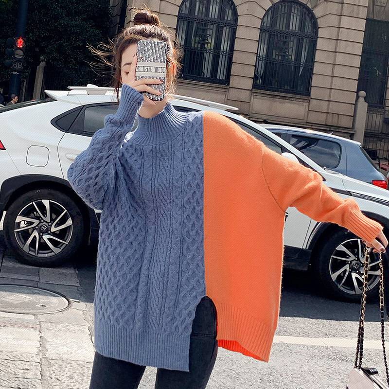 ニット カットソー セーター トップス 長袖 ハイネック ケーブルニット スリット オーバーサイズ ビッグシルエット ルーズ バイカラー 体形カバー 大人女子 モード エレガント モダン キュート ガ
