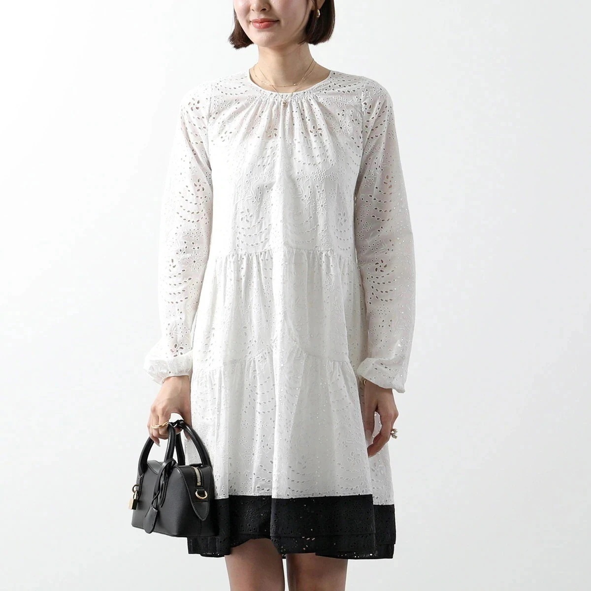 N21 ヌメロヴェントゥーノ ワンピース H112 0077 レディース ドレス 長袖 ラウンドネック レース刺繍 切替 フレア シルク混 ミニ丈 1101 【mega】 26,692円