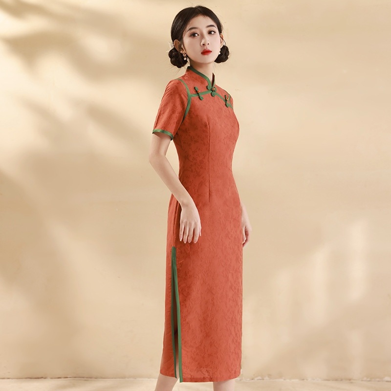 2025春夏改良チャイナドレスオレンジホワイト気質若いスタイル長い芸術的スリムチャイナドレス 4,638円