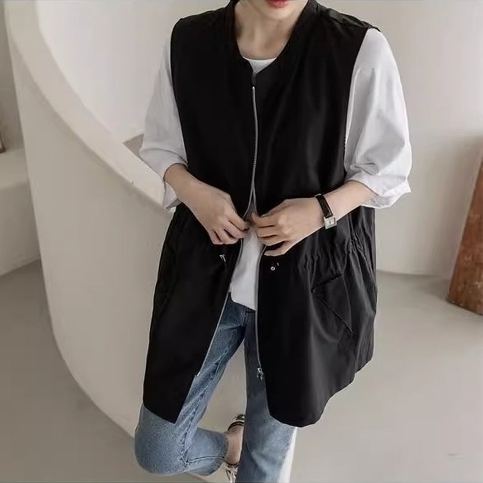 ベスト ジレ トップス ジャケット アウター ドローストリングジレ ドロストベスト ジレジャケット ラウンドネック 襟無し ノースリーブ 袖なし ロングジレ ロングベスト 無地 ポケット