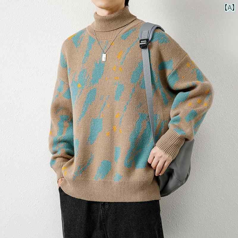 メンズ トップスス おしゃれ 秋冬 タートルネック セーター 韓国 セーター プルオーバー 花柄 ドレス