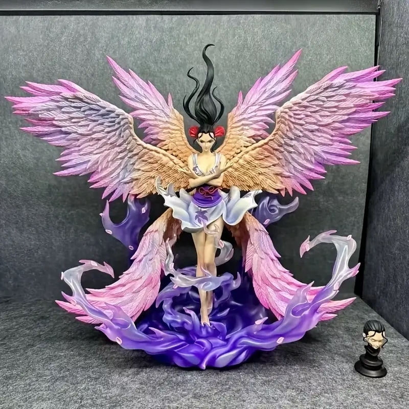 アニメファンのためのPVC六翼天使フィギュア - ダイナミックポーズ紫と白の翼・赤いアクセント＆花柄着物デザインのコレクタブルスタチュー