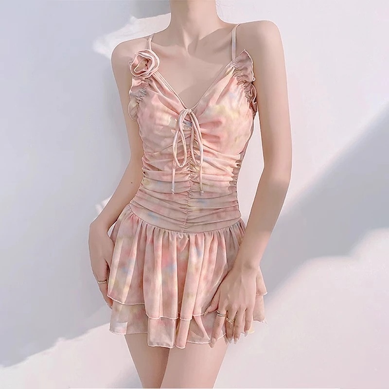 3日出荷 水着シュガーピンク 高級感 レディース 温泉 ワンピース 保守 お腹カバー 高級 セクシー体型カバー