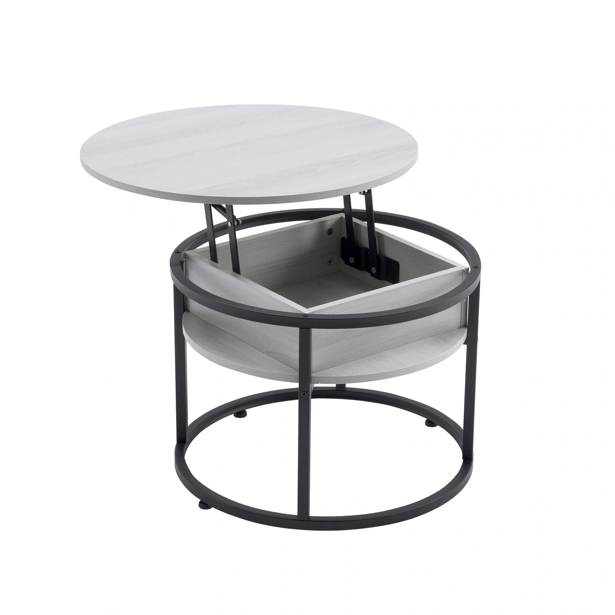 2枚で1oo円OFF！【国内即日発送】昇降式テーブル センターテーブル 円形 大容量収納 木目調 コーヒーテーブル ローテーブル 隠し収納スペース 北欧 モダン 昇降テーブル スチール脚グレー（ブラッ