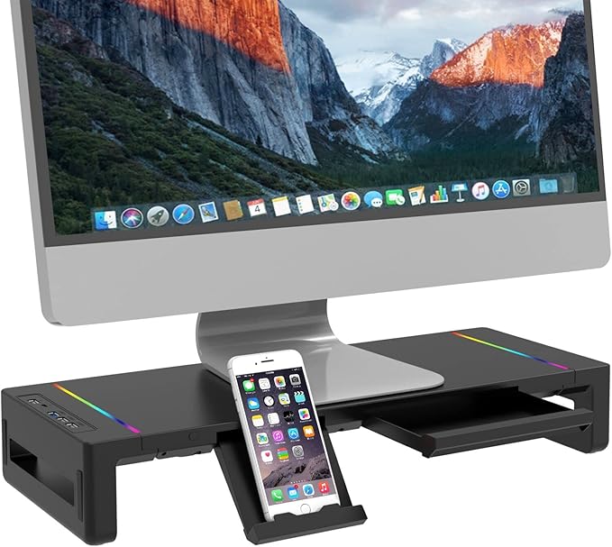 モニター台 USB2.0/3.0データ転送付き 机上台 USB/TYPE-C充電 RGB LED付き 折りたたみ可能 ディスプレイ 台 引き出しとスマホホルダー付き パソコン 台 幅3段階可変 モニタ