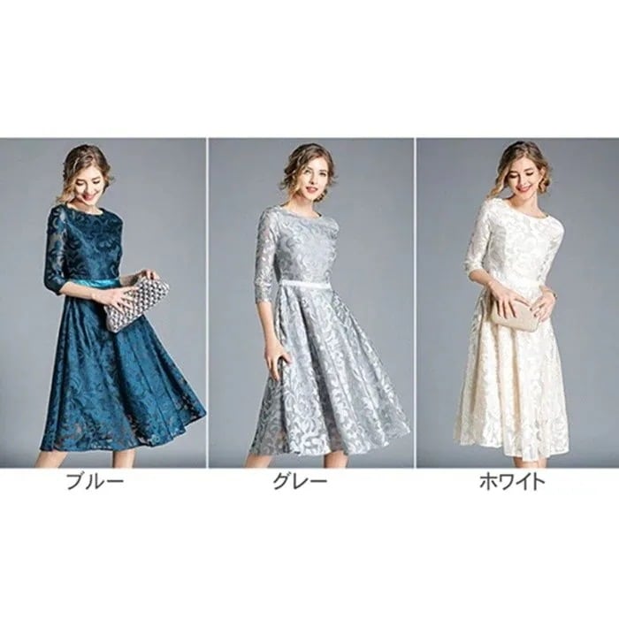 パーティードレス ミモレ丈 袖あり　透け感レース 結婚式 パーティードレス　二次会 お呼ばれ フォーマル 大きいサイズ 服装 大人 服 代30代40代