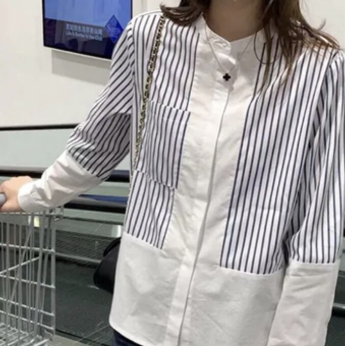 トップス デート かわいい 大人可愛い きれいめ シンプル カジュアル 大人 上品 おしゃれ お洒落 ノーカラー ストライプ シャツ 長袖 オフィス 休日 公園 春 夏 ポケット付き 韓 XL 国 5,899円