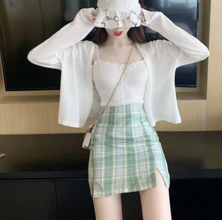 トップス スカート デート かわいい 大人可愛い きれいめ シンプル カジュアル 大人 上品 セットアップ カーデガン キャミソール チェック スカート ミニ丈 韓国 デート お出かけ 夏 薄手