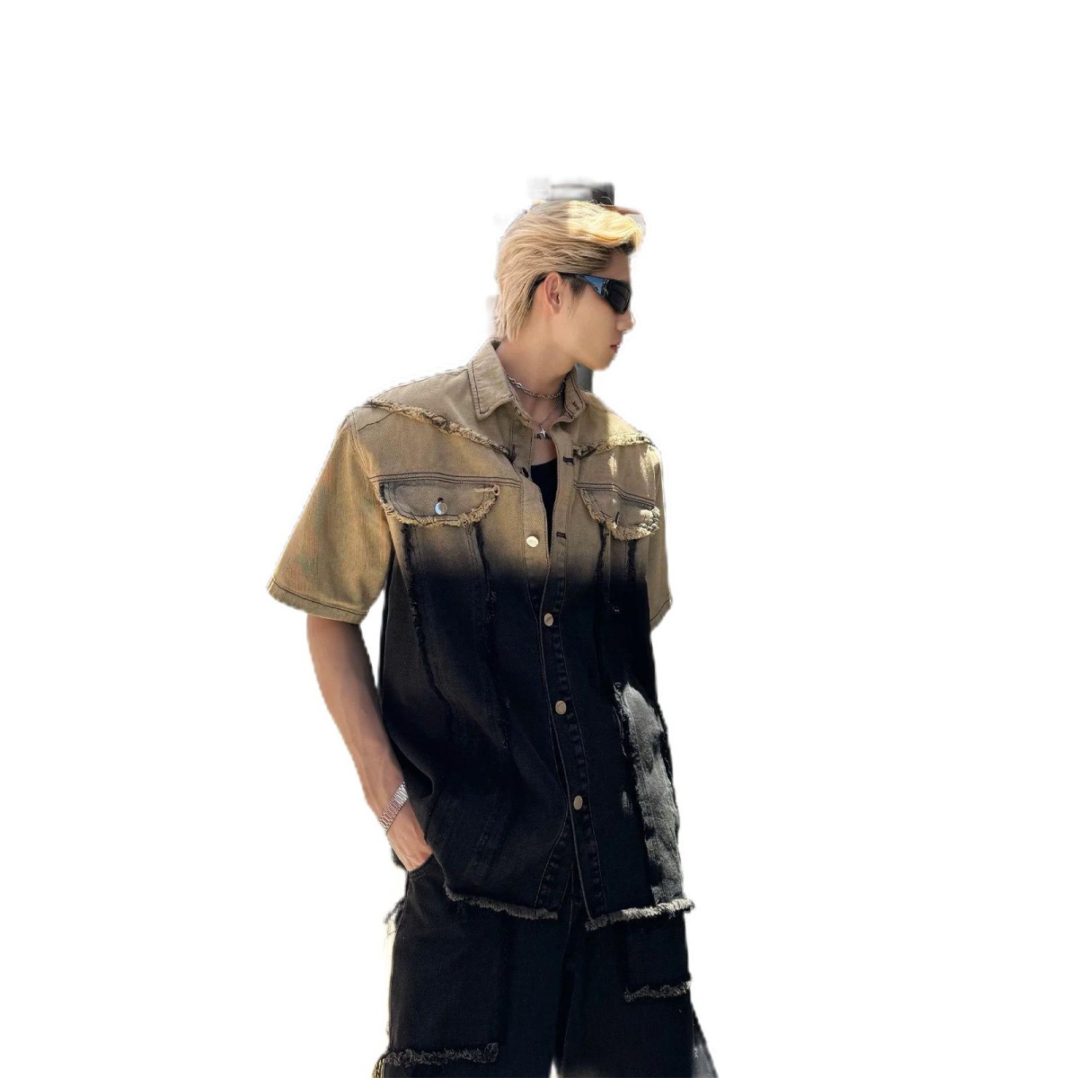 Niubiquatousデザインセンス香港スタイルの古いグラデーションカラージャケットスーツストリートハンサムジーンズジーンズのトレンド