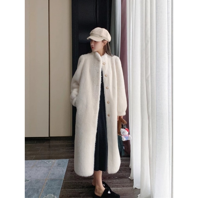 2025新作レザー秋冬オールインワンコートロングミンクエコラムファースタンドカラー厚手コート