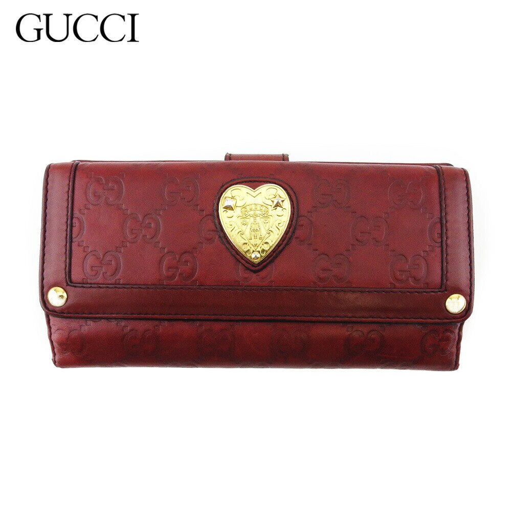 長財布 Wホック 財布 グッチシマ レディース ハートクレスト ヒステリア ボルドー ゴールド 中古