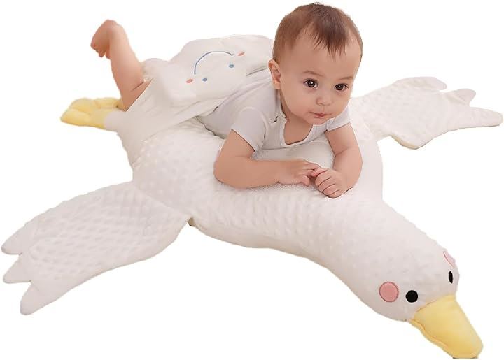 ベビー枕 赤ちゃん枕 抱き枕 ベビークッション グース ガチョウ 快眠 添い寝 寝返り 向き癖 絶壁 寝ハゲ 防止 出産祝い ホワイト(ホワイト ストラップ有り, ミディアム)