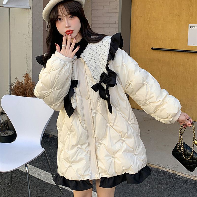 ダウンジャケット コート レディース 冬 中綿 木耳元のドールネックリボン菱格子ダウンジャケット冬のミディアム丈が甘くてかわいい減齢保温コート