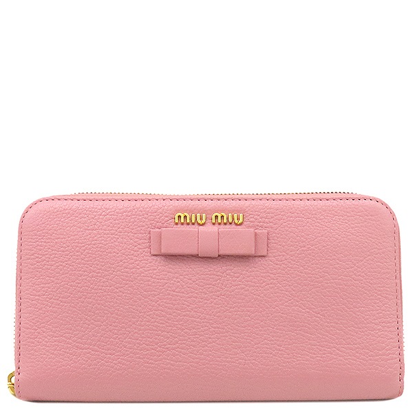 ミュウミュウ 長財布 リボン付き ラウンドファスナー ウォレット レザー ピンク×イエロー ゴールド金具 バイカラー 【中古】