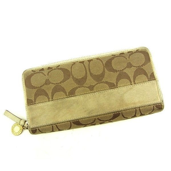 長財布 ラウンドファスナー シグネチャー ストライプ ベージュ ブラウン ホワイト系 中古